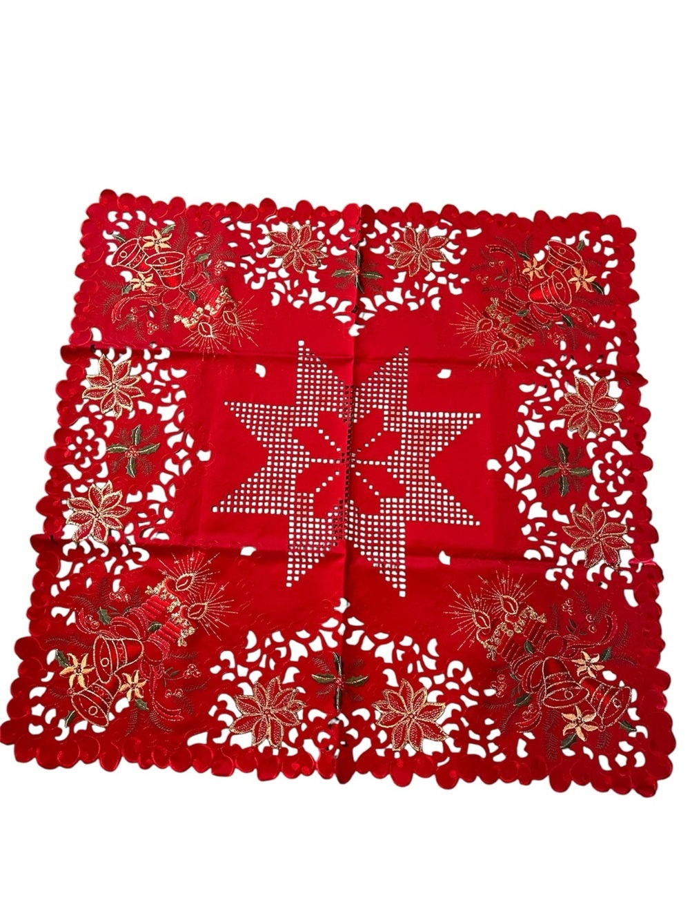 Christmas Embroidered Tablecloth Cut Work Star Poinsettia 33"
 Italy
NEW